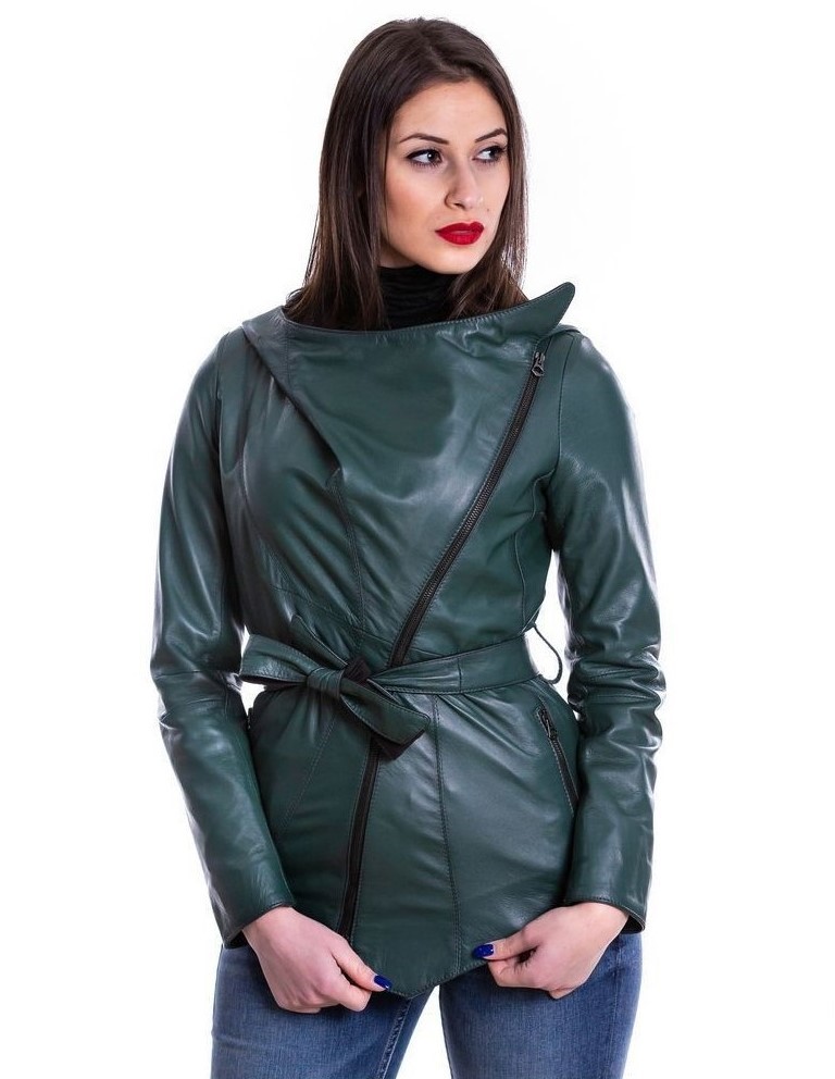 giacca da donna in vera pelle verde con cappuccio
