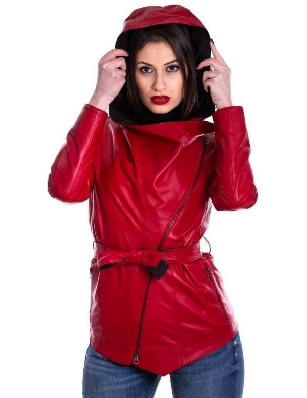 giacca donna vera pelle rossa con cappuccio