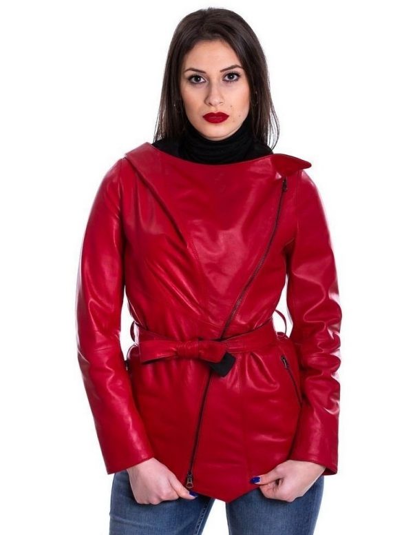 giacca donna vera pelle rossa con cappuccio