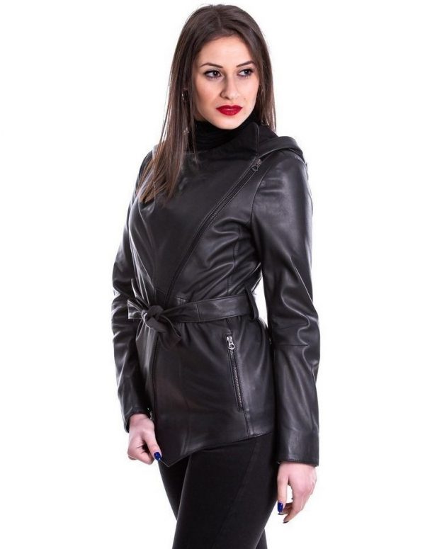 giubbotto da donna in vera pelle nero con cappuccio