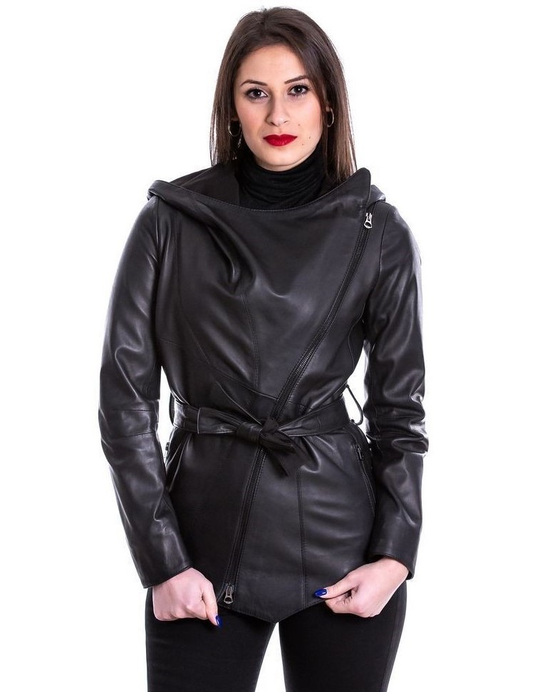 giubbotto da donna in vera pelle nero con cappuccio