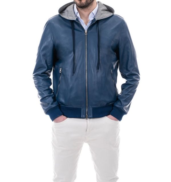 Bomber con cappuccio da uomo in vera pelle blu