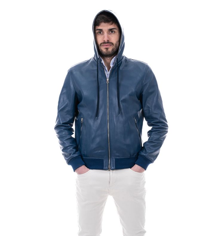 Bomber con cappuccio da uomo in vera pelle blu - immagine 2