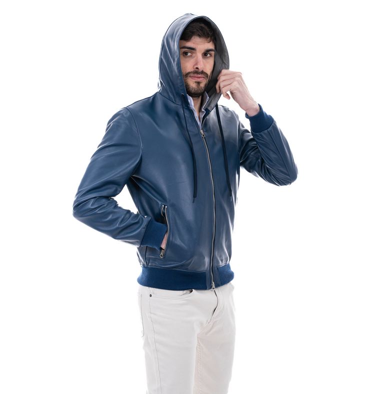 Bomber con cappuccio da uomo in vera pelle blu - immagine 3