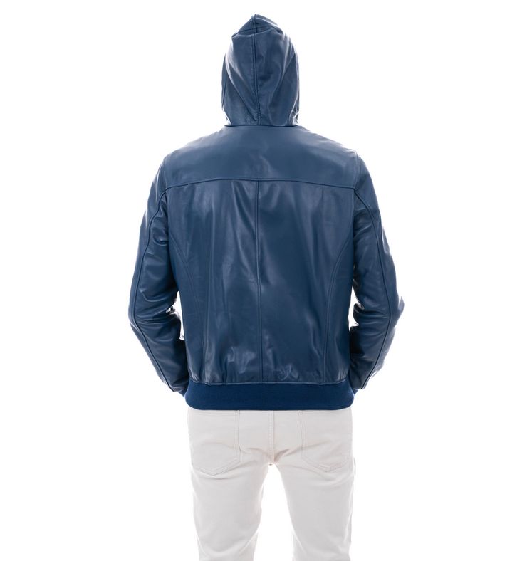 Bomber con cappuccio da uomo in vera pelle blu - immagine 5