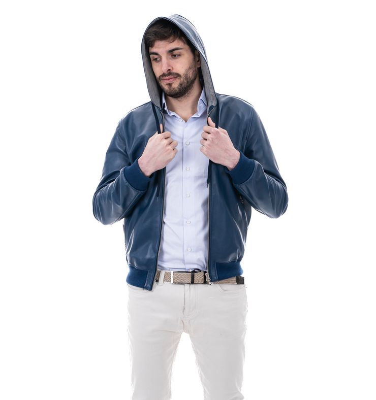 Bomber con cappuccio da uomo in vera pelle blu - immagine 4