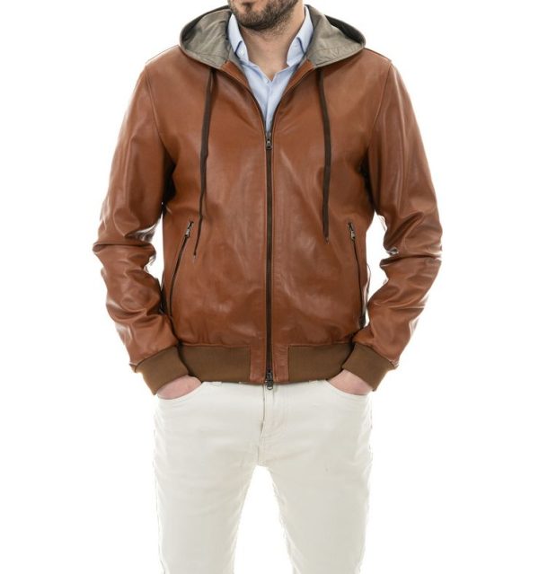 Bomber con cappuccio da uomo in vera pelle cuoio