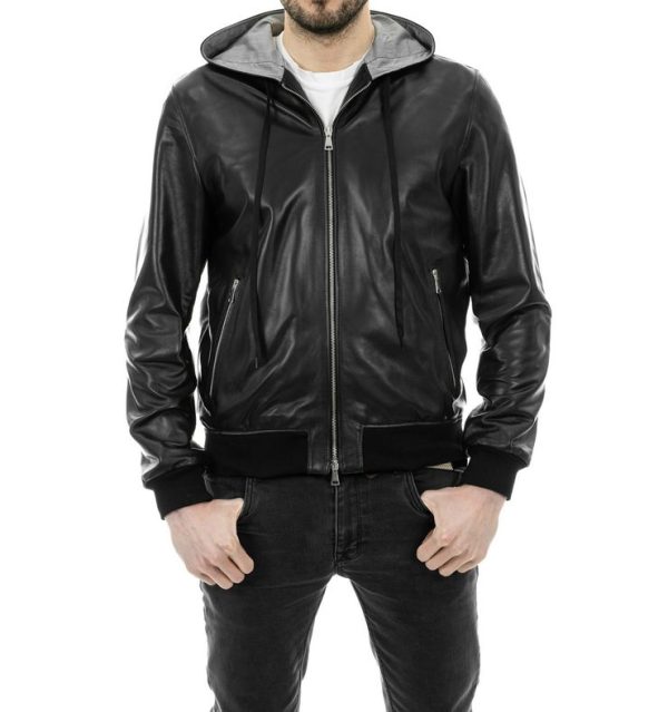 Bomber con cappuccio da uomo in vera pelle nero