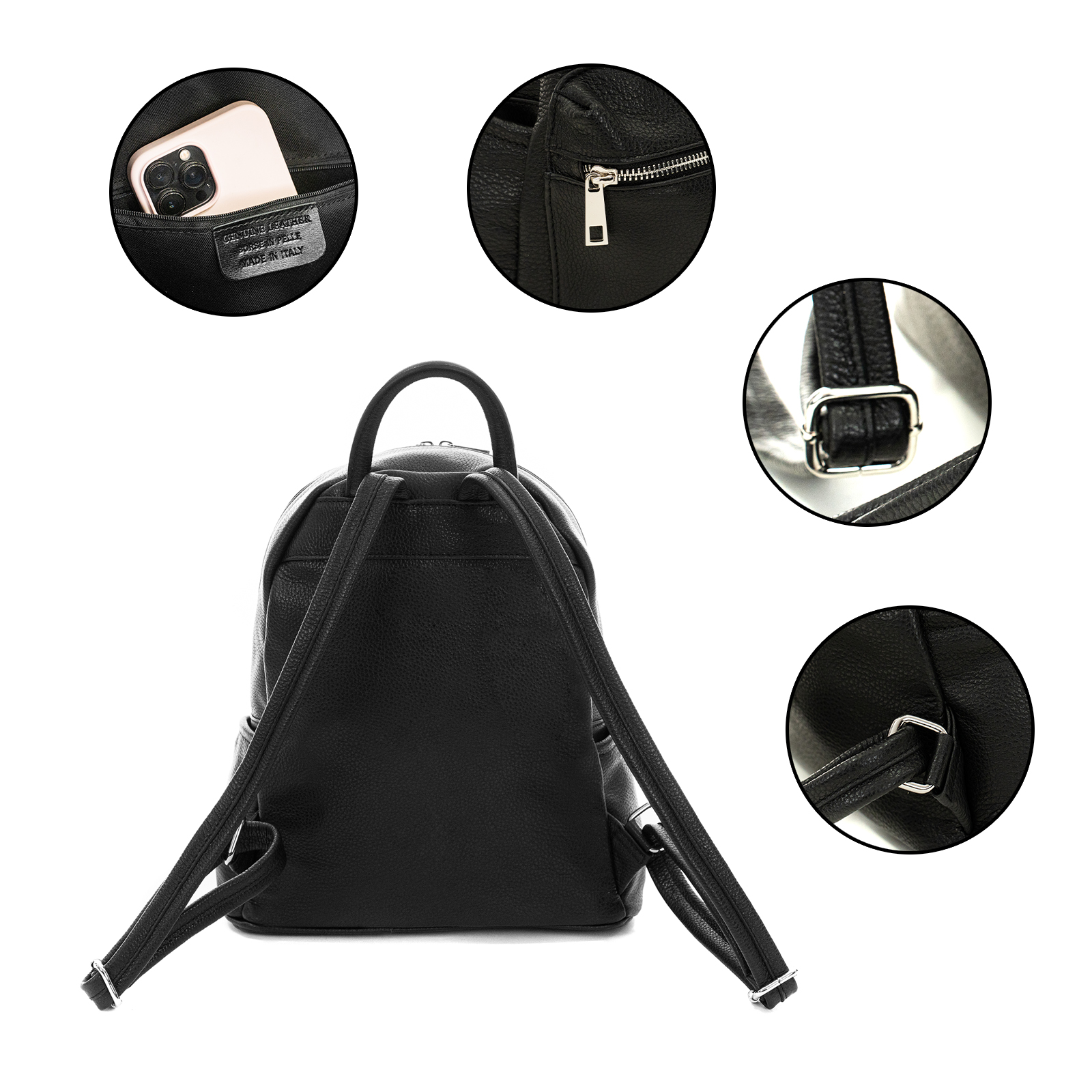 Zaino in vera pelle nero unisex - immagine 5
