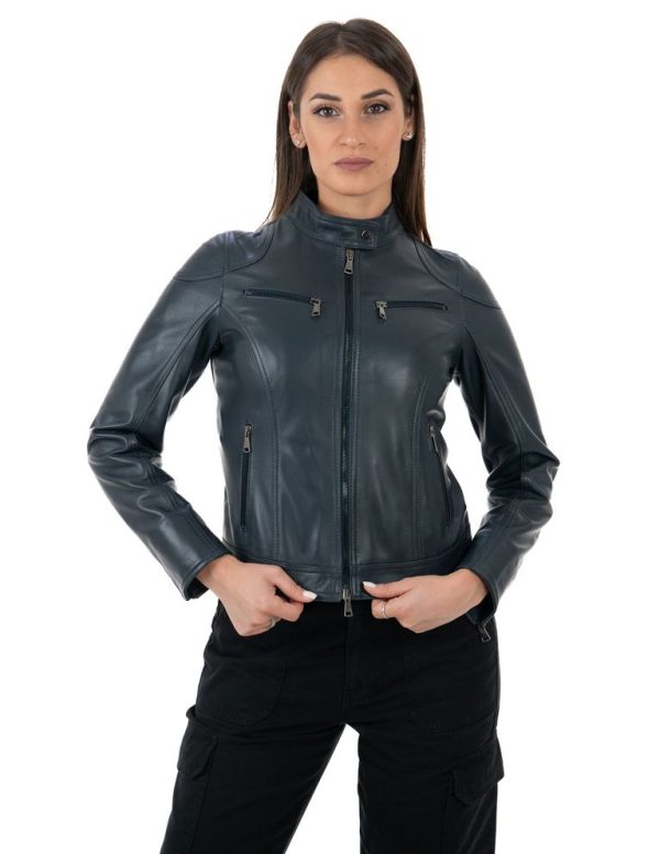 Biker da donna in vera pelle blu
