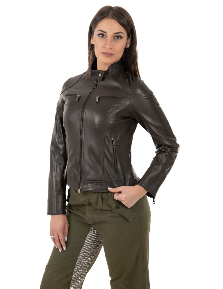 Biker da donna in vera pelle moro - immagine 2