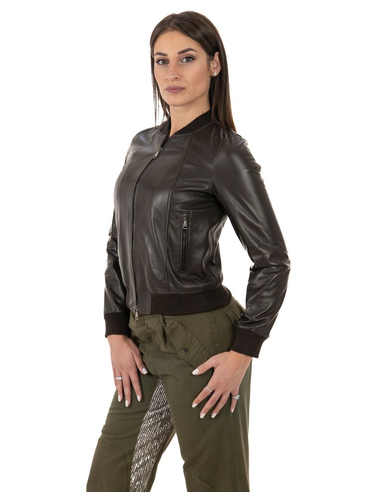 Bomber da donna in vera pelle moro - immagine 2