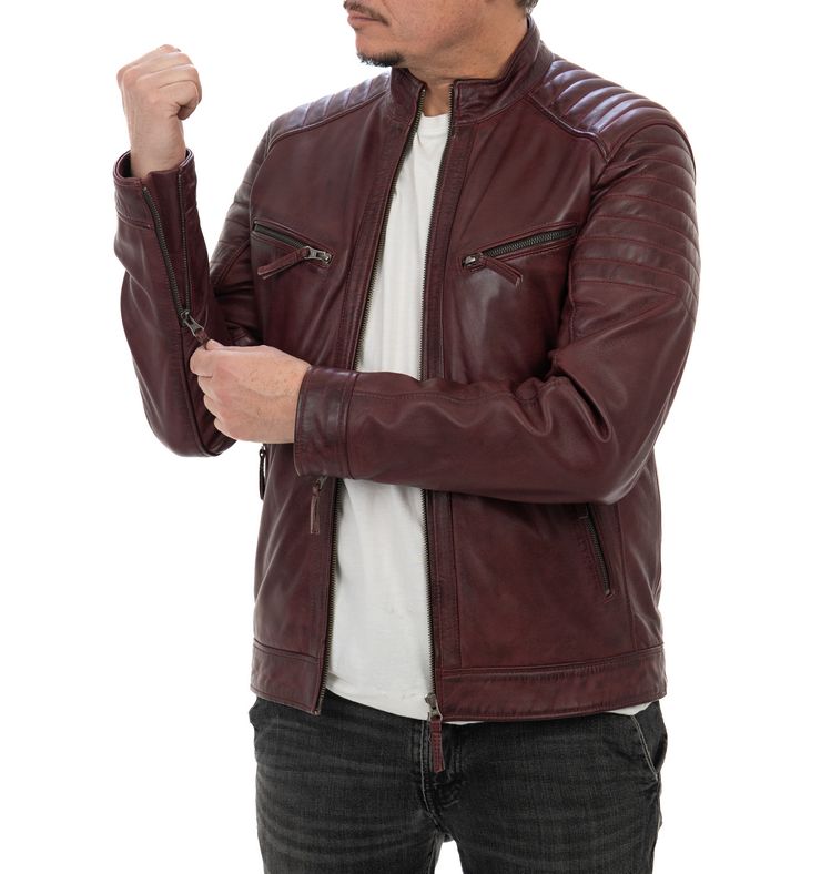 Biker da uomo in vera pelle bordeaux - immagine 3