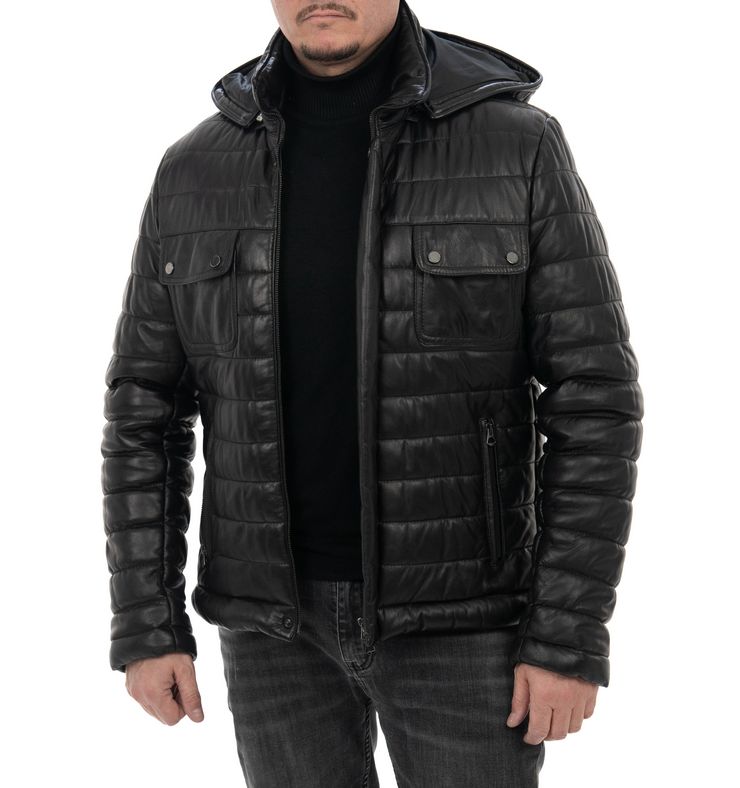 Piumino da uomo in vera pelle nero - immagine 4