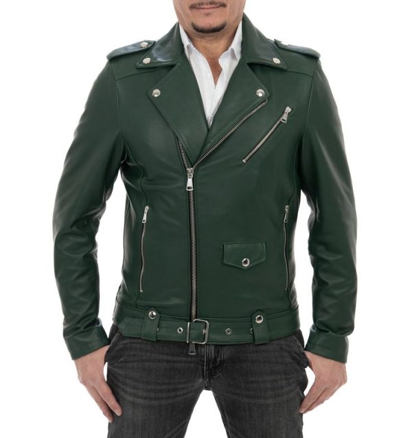 Biker da uomo in vera pelle verde