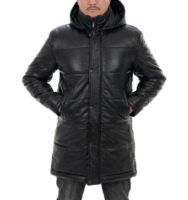 Piumino lungo da uomo in vera pelle nero