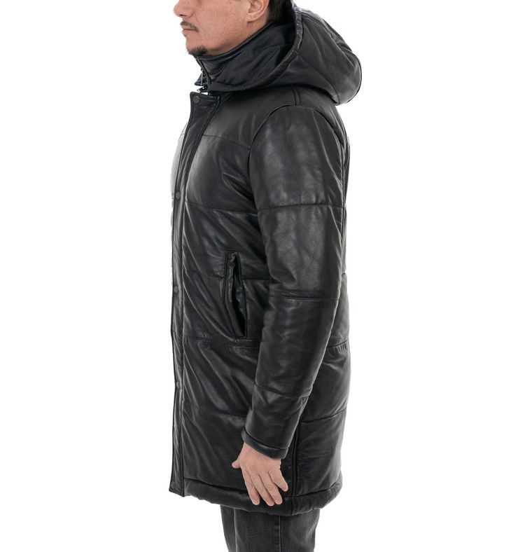Piumino lungo da uomo in vera pelle nero - immagine 2
