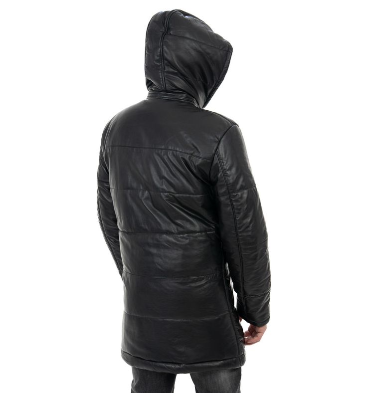 Piumino lungo da uomo in vera pelle nero - immagine 3