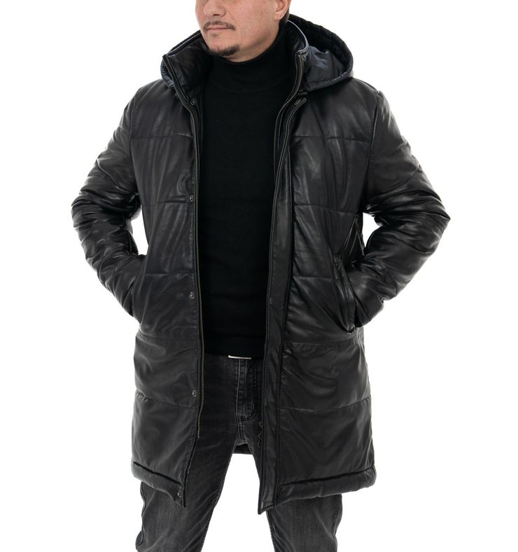 Piumino lungo da uomo in vera pelle nero - immagine 4