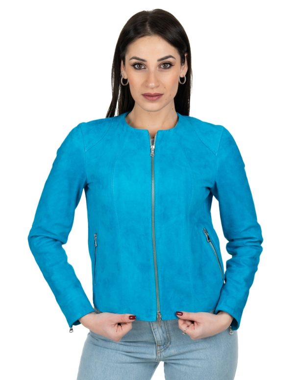 Giacca da donna in vera pelle scamosciata pacific blu