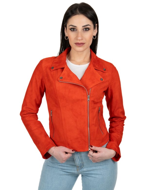 Chiodo da donna in vera pelle scamosciato arancio