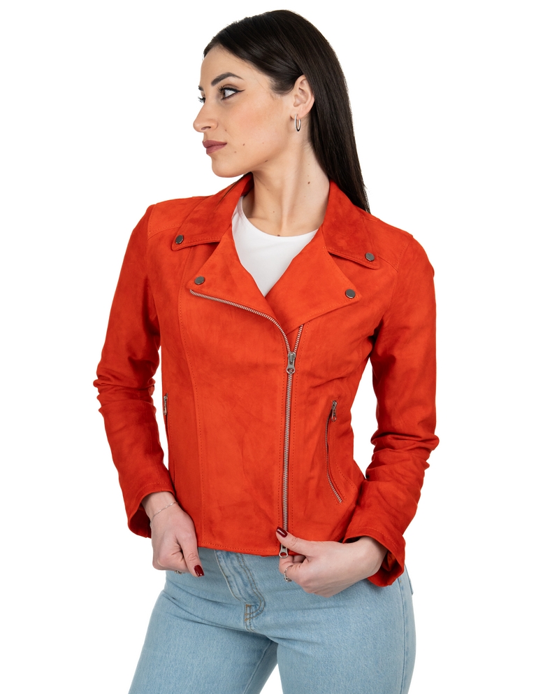 Chiodo da donna in vera pelle scamosciato arancio - immagine 2