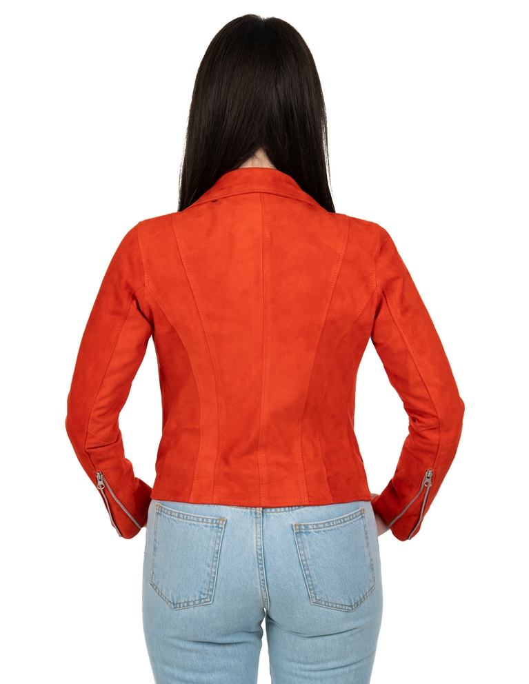 Chiodo da donna in vera pelle scamosciato arancio - immagine 4