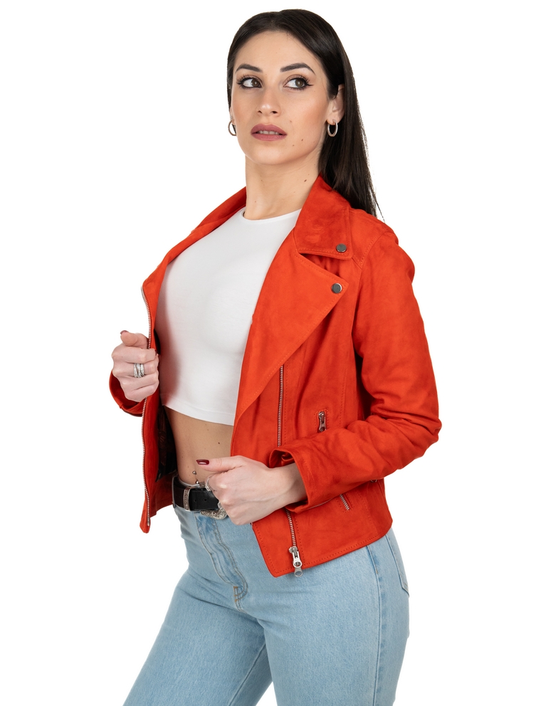 Chiodo da donna in vera pelle scamosciato arancio - immagine 3