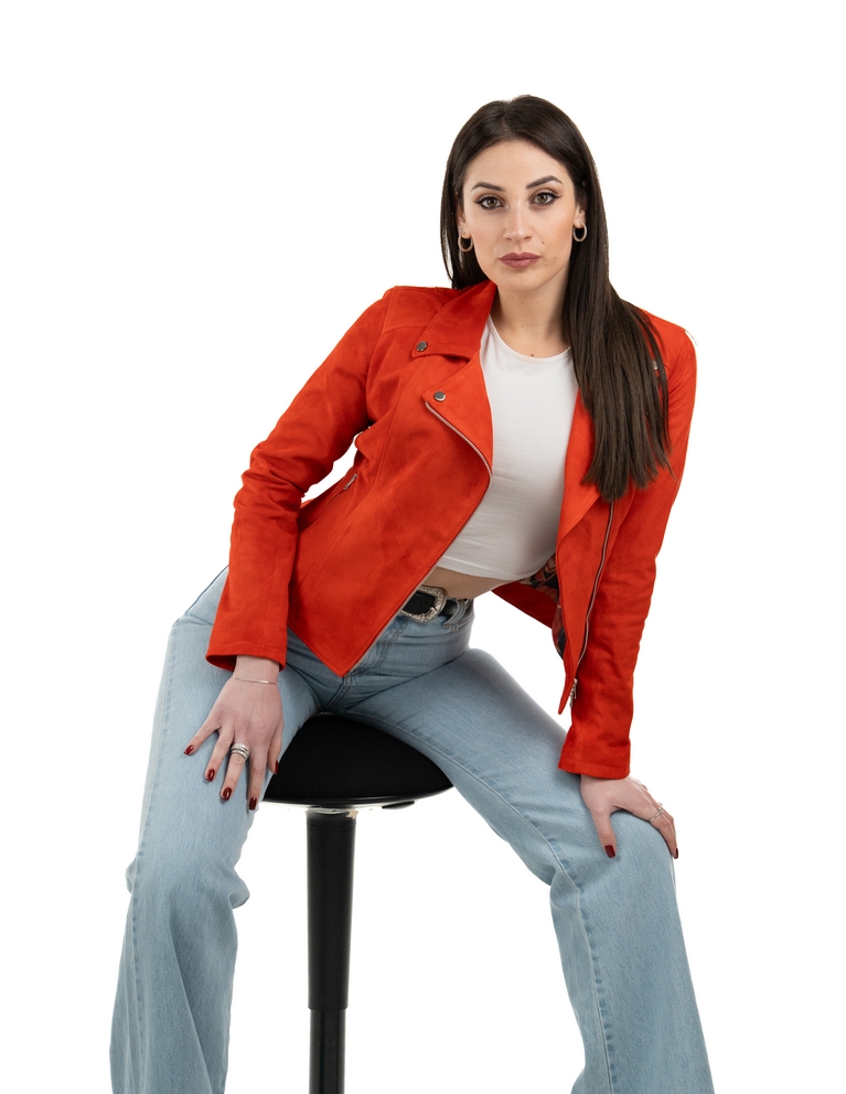Chiodo da donna in vera pelle scamosciato arancio - immagine 6