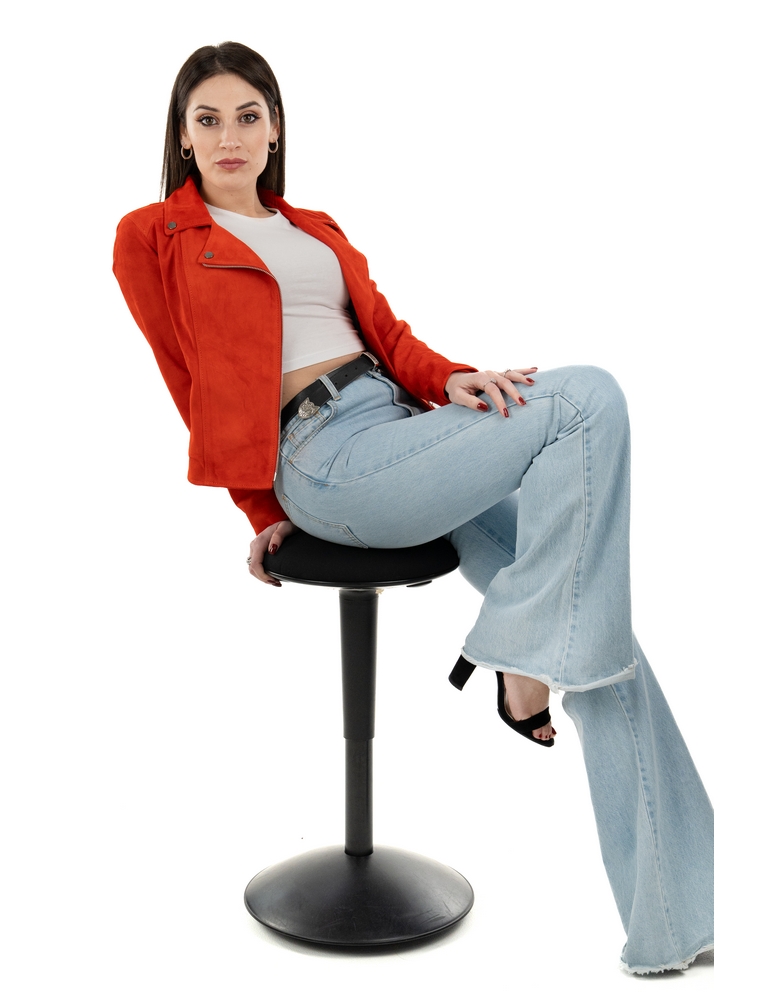 Chiodo da donna in vera pelle scamosciato arancio - immagine 7
