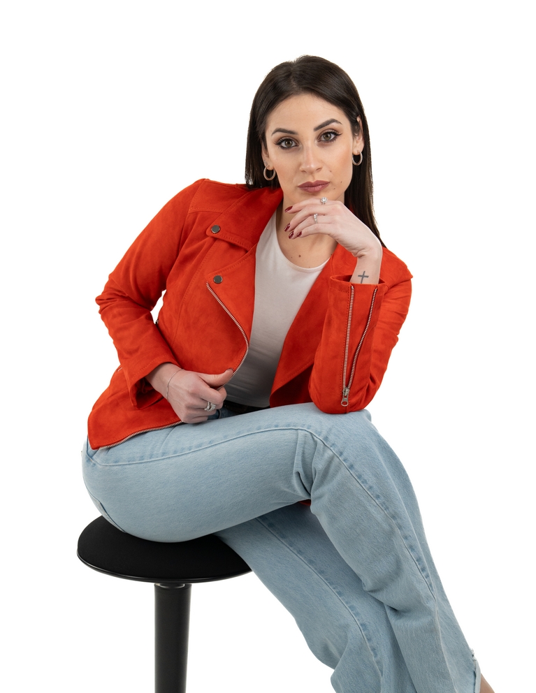 Chiodo da donna in vera pelle scamosciato arancio - immagine 8