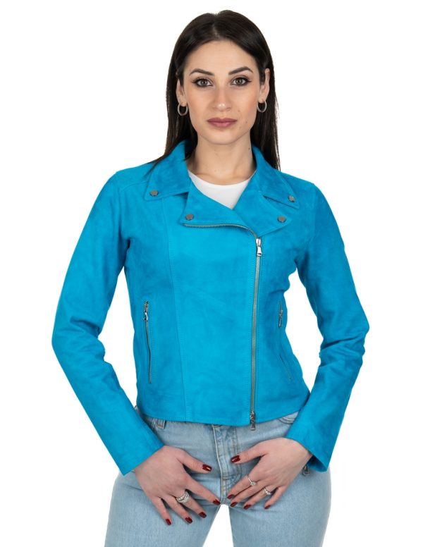 Chiodo da donna in vera pelle scamosciato pacific blu