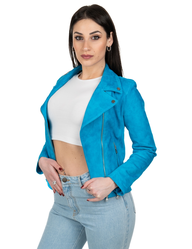 Chiodo da donna in vera pelle scamosciato pacific blu - immagine 3