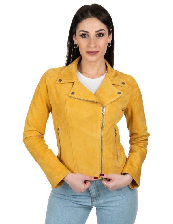 Chiodo da donna in vera pelle scamosciato giallo