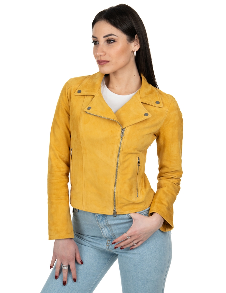 Chiodo da donna in vera pelle scamosciato giallo - immagine 2