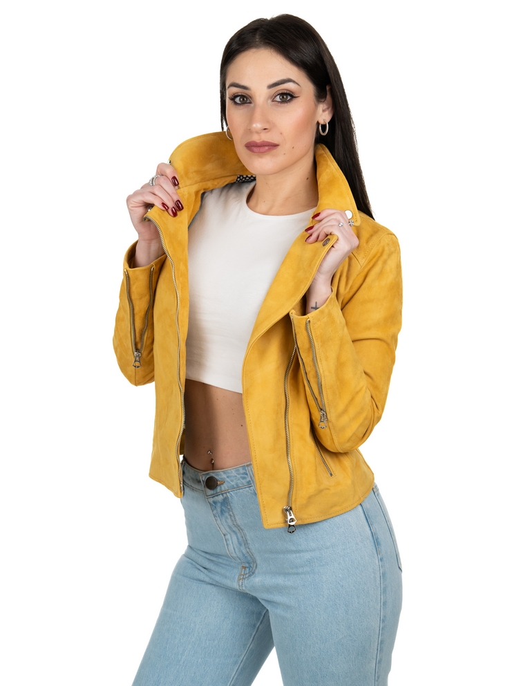 Chiodo da donna in vera pelle scamosciato giallo - immagine 3