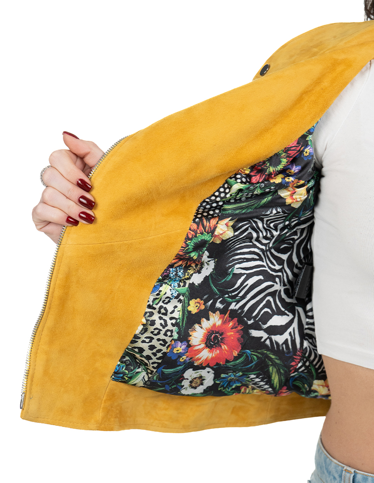 Chiodo da donna in vera pelle scamosciato giallo - immagine 5