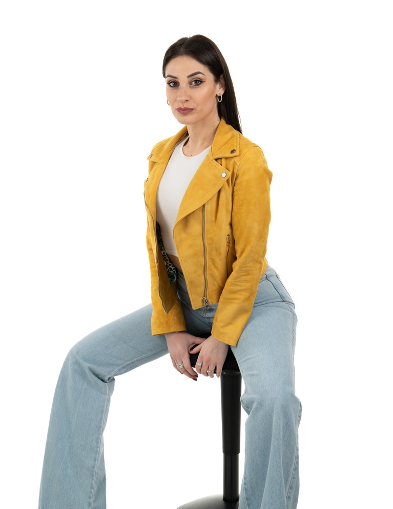 Chiodo da donna in vera pelle scamosciato giallo - immagine 6