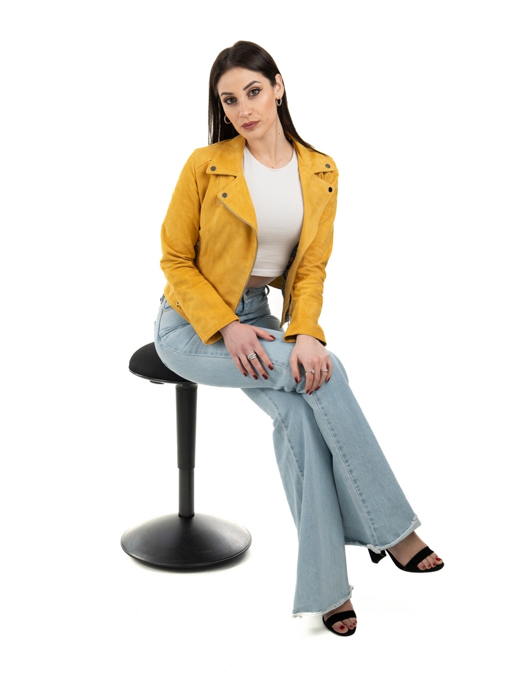 Chiodo da donna in vera pelle scamosciato giallo - immagine 7