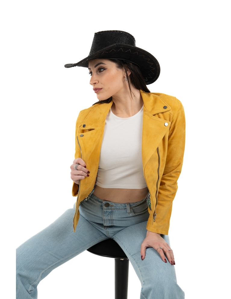Chiodo da donna in vera pelle scamosciato giallo - immagine 8