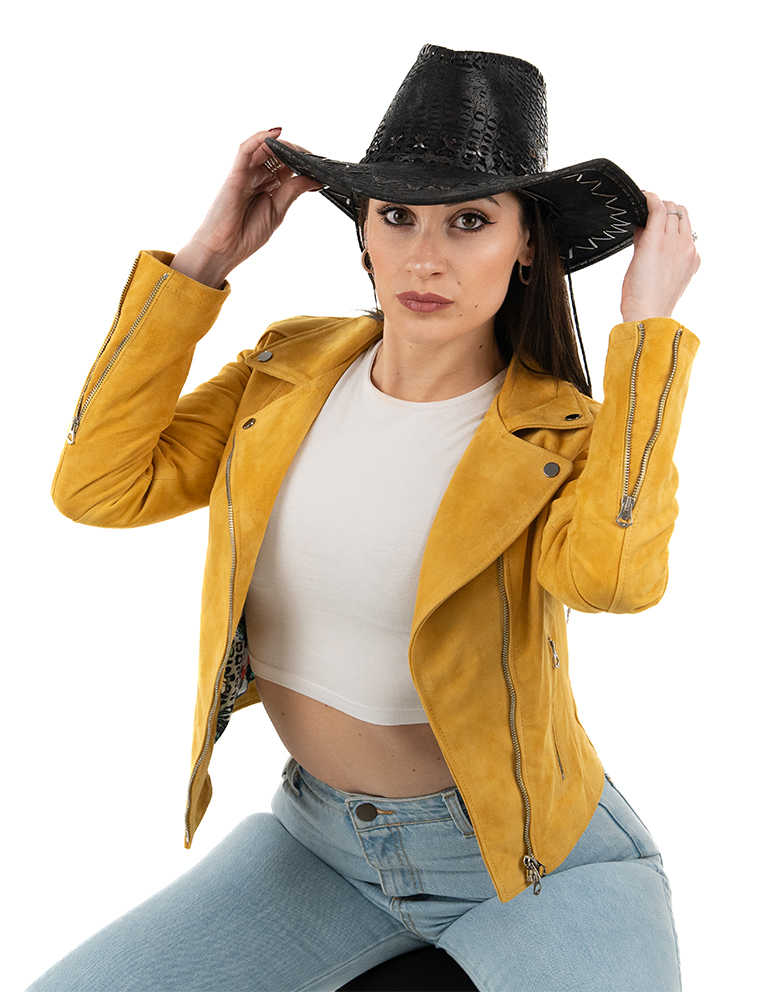 Chiodo da donna in vera pelle scamosciato giallo - immagine 9