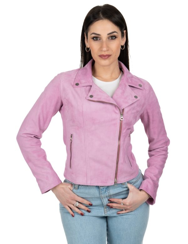 Chiodo da donna in vera pelle scamosciato rosa