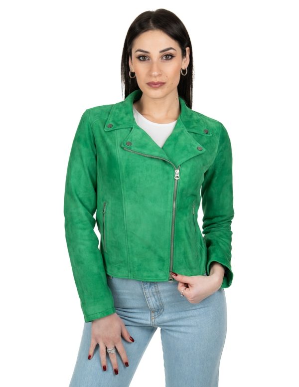Chiodo da donna in vera pelle scamosciato verde