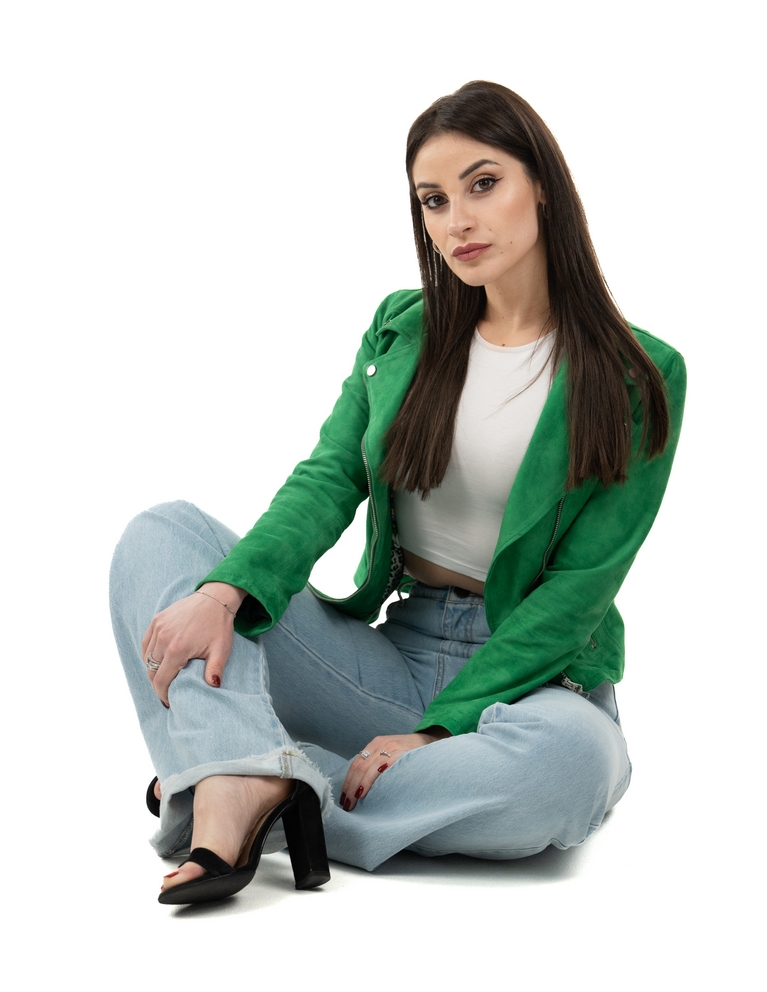 Chiodo da donna in vera pelle scamosciato verde - immagine 11
