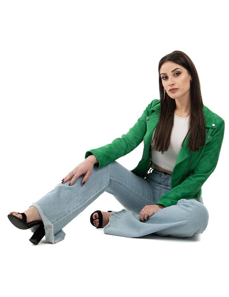 Chiodo da donna in vera pelle scamosciato verde - immagine 12