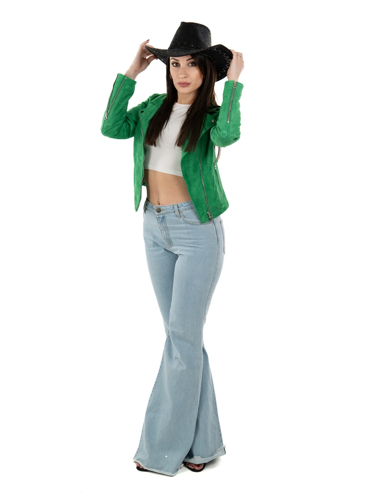 Chiodo da donna in vera pelle scamosciato verde - immagine 16