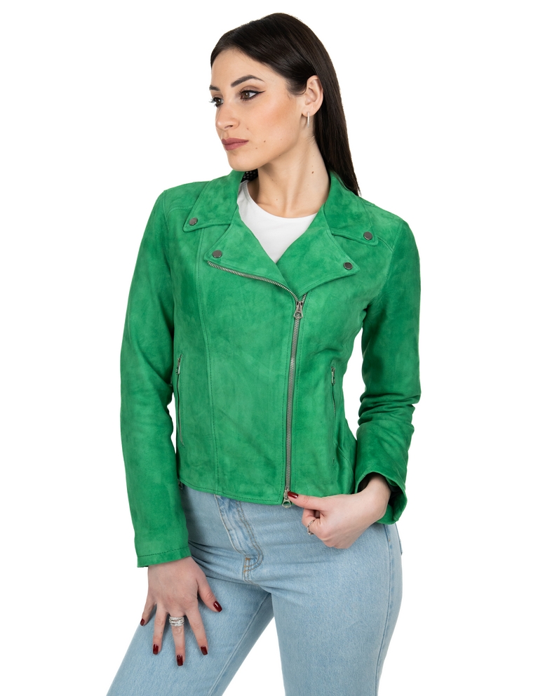 Chiodo da donna in vera pelle scamosciato verde - immagine 2