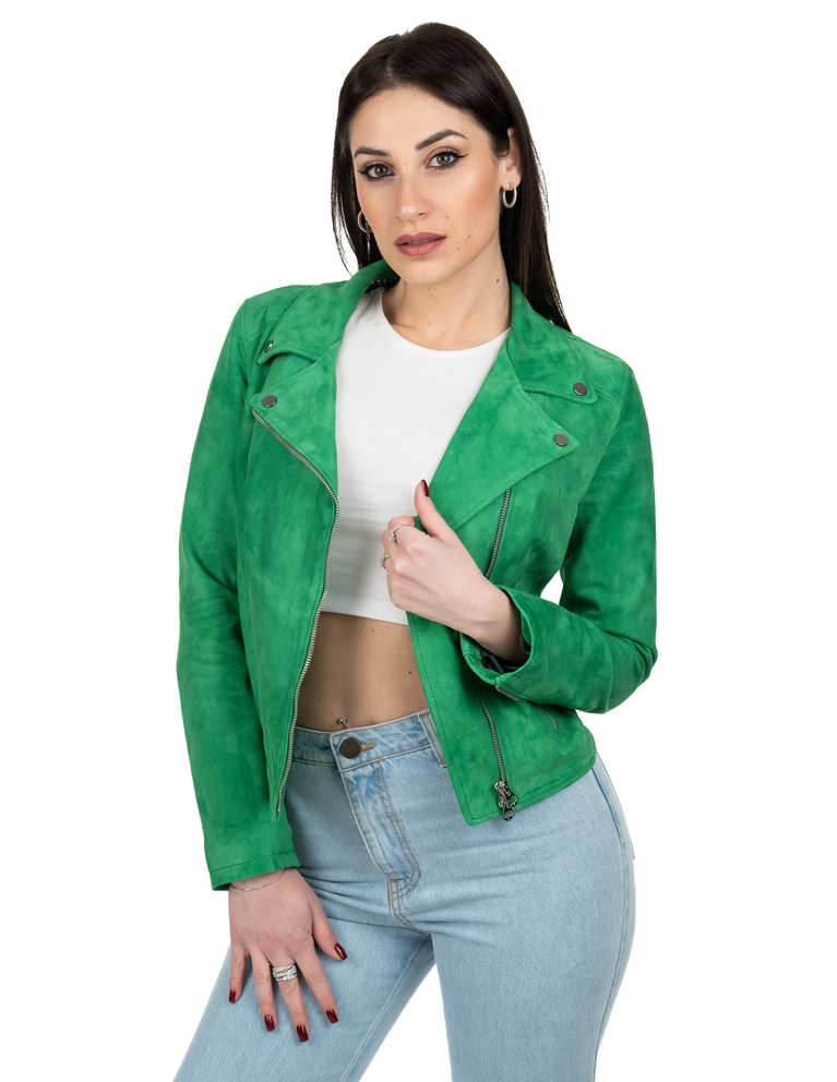 Chiodo da donna in vera pelle scamosciato verde - immagine 3