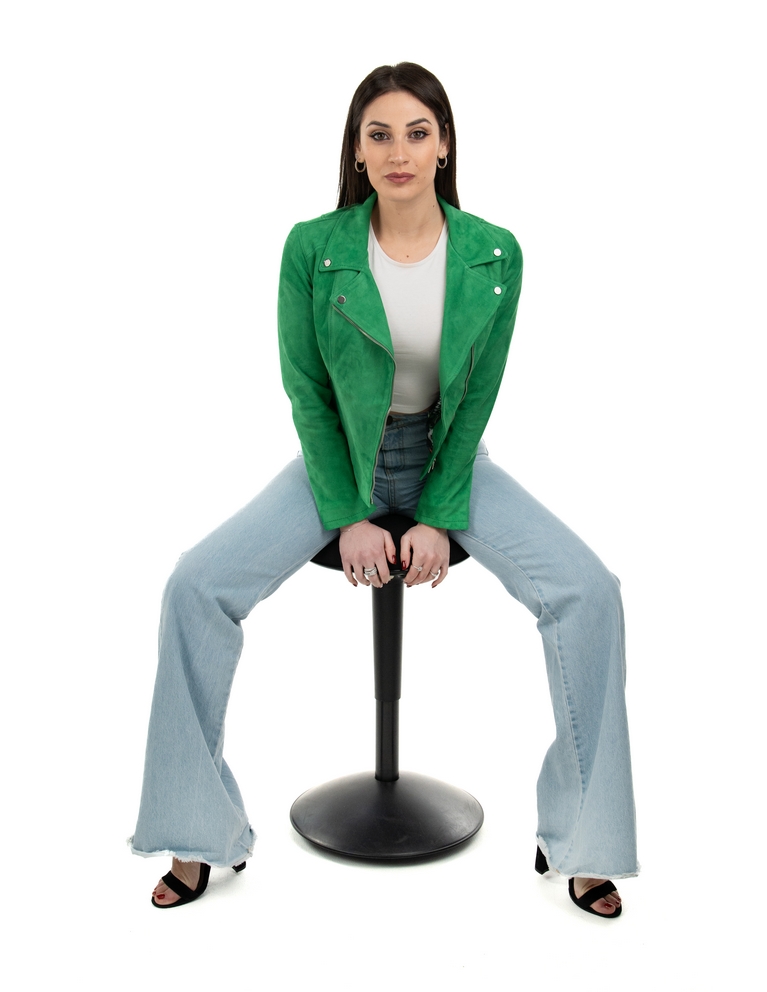 Chiodo da donna in vera pelle scamosciato verde - immagine 6
