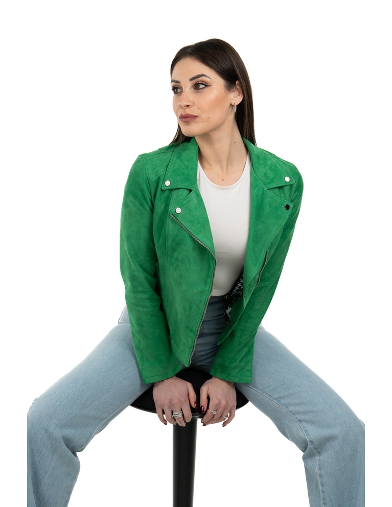 Chiodo da donna in vera pelle scamosciato verde - immagine 7